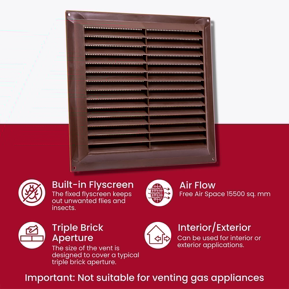 Select Brown Louvre Air Vent with Flyscreen Cover 9 x 9 inch Image 3