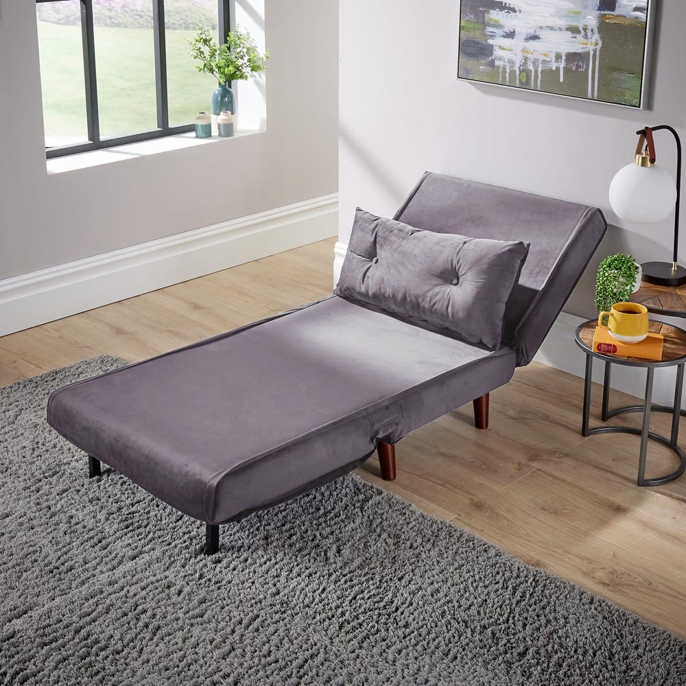 Home Source Morella Single Seater Grey Velvet Folding Sofa Bed with Pillow Image 7