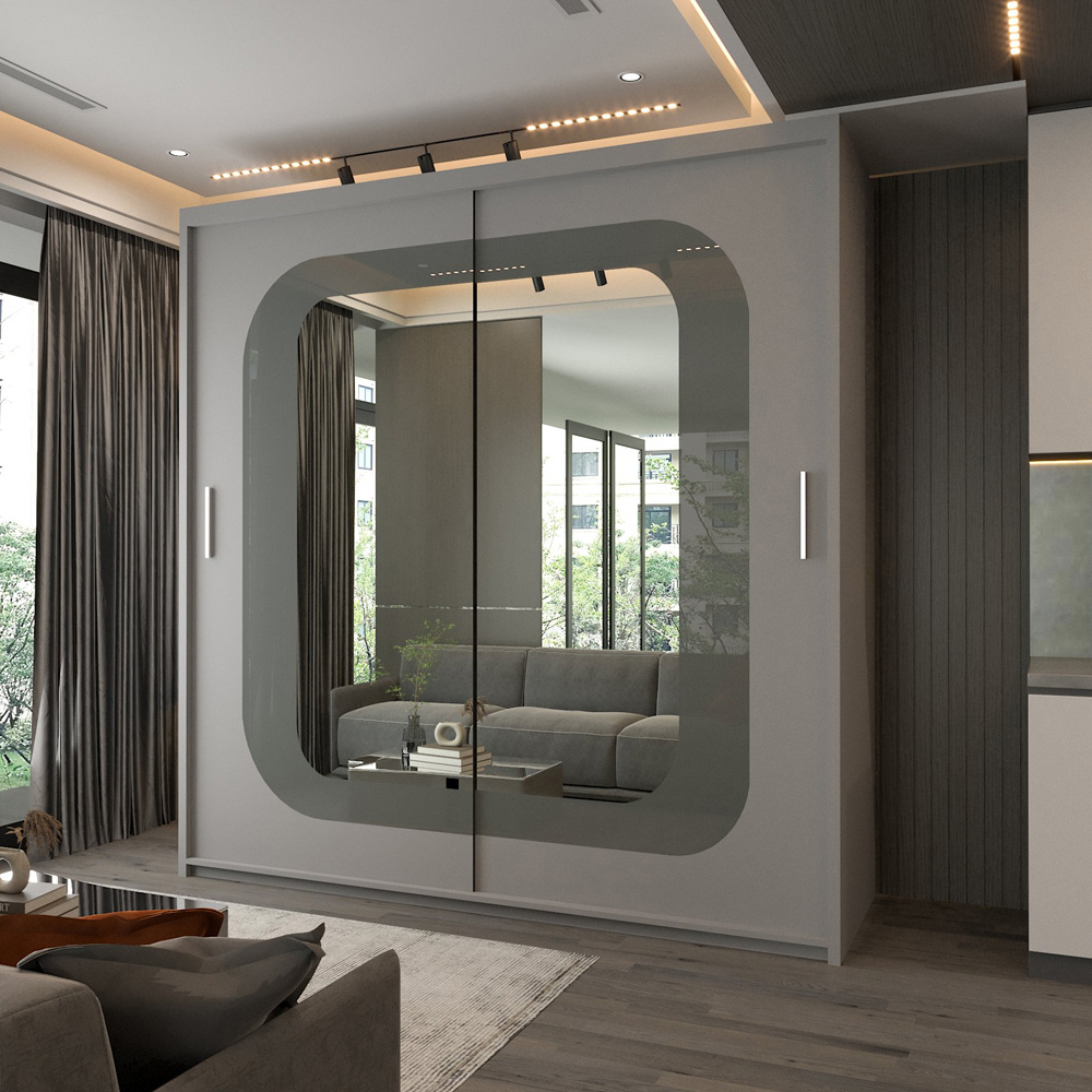 Modern Sliding Wardrobe with Central Mirror, Adjustable Shelves and Hanging Rails (Grey 150cm) Image 3