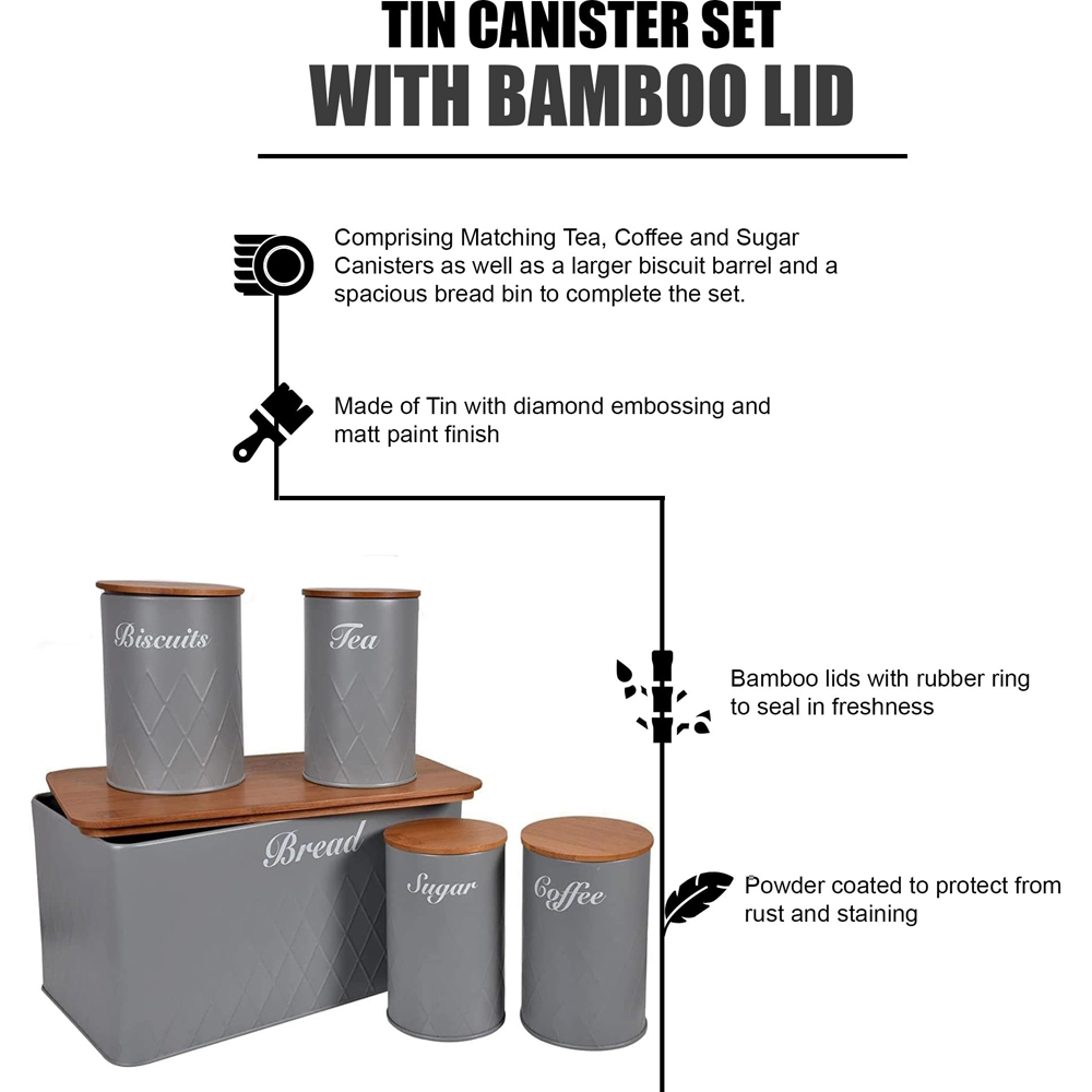 ATEK 5 Piece Grey Kitchen Canister Set with Bamboo Lids Image 4