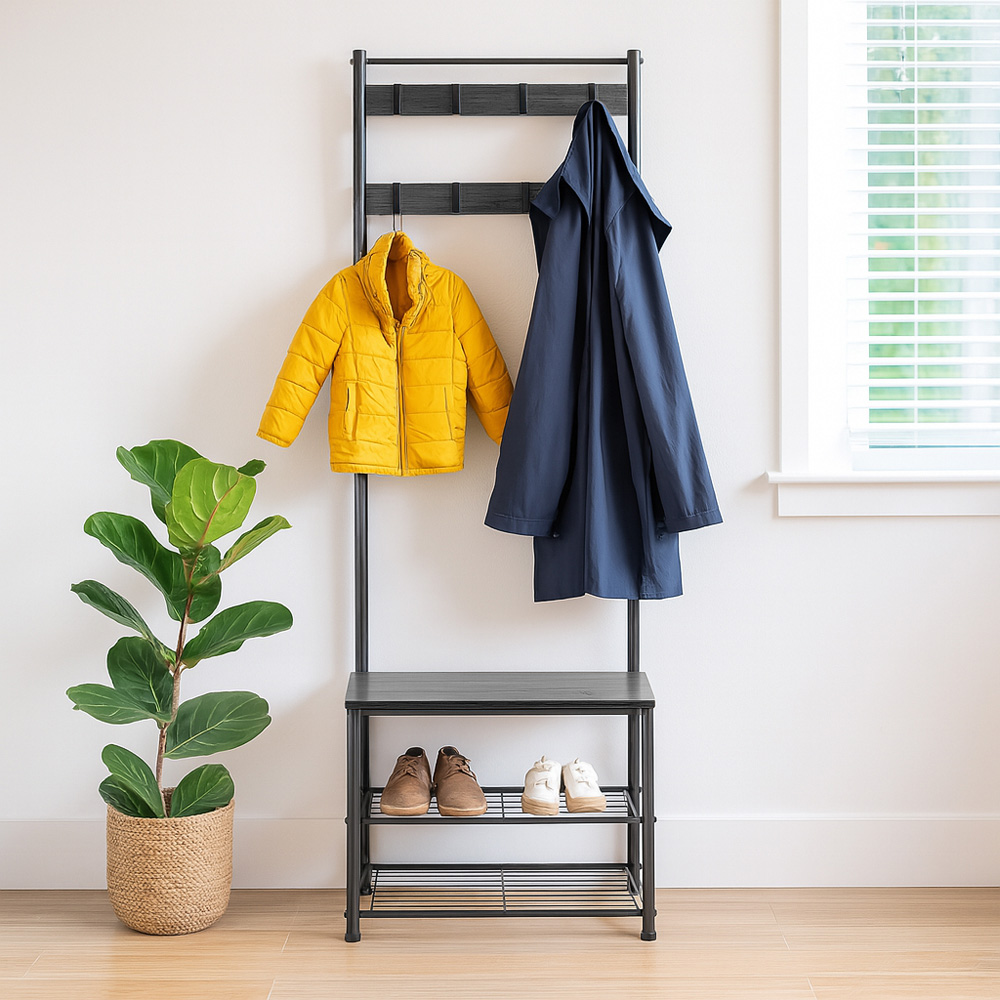 Harbour Housewares 2 Shelf 9 Hook Black Square Steel Coat Rack with Shoe Storage Bench Image 8
