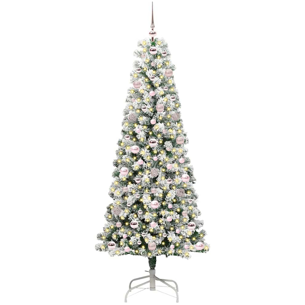 vidaXL Pre-Lit Warm White LED and Pink Baubles Snow Flocked Artificial Christmas Tree 6ft Image 1