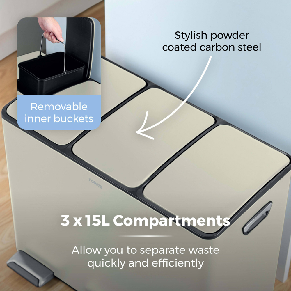 Tower Triple Recycling Cream Pedal Bin 45L Image 5