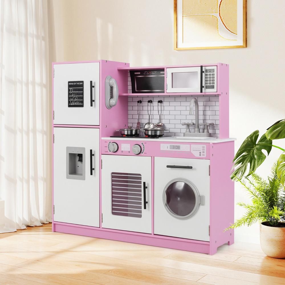 Costway Kids Pink and White Kitchen Play Set with Oven and Washing Machine Image 2