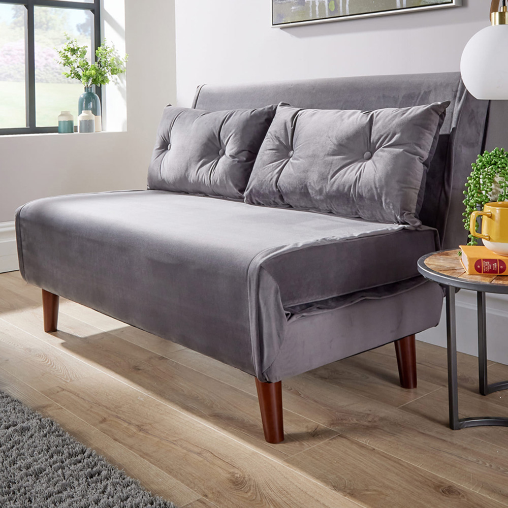 Home Source Morella 2 Seater Grey Velvet Folding Sofa Bed with Pillow Image 1