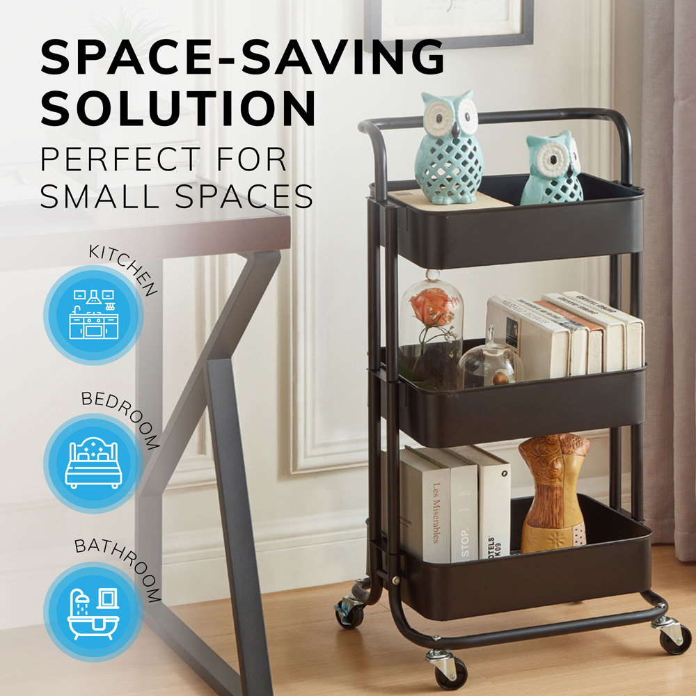 House of Home 3 Tier Black Storage Cart with Wheels Image 2