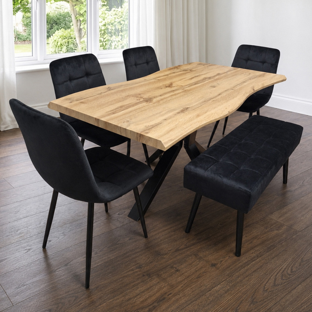 Portland 5 Seater Velvet Wooden Dining Set with Bench Brown and Black Image 1