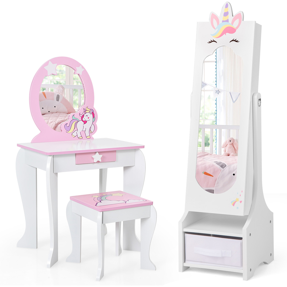 Costway Kids Single Drawer 3 Shelf White Mirrored Jewellery Cabinet Image 3