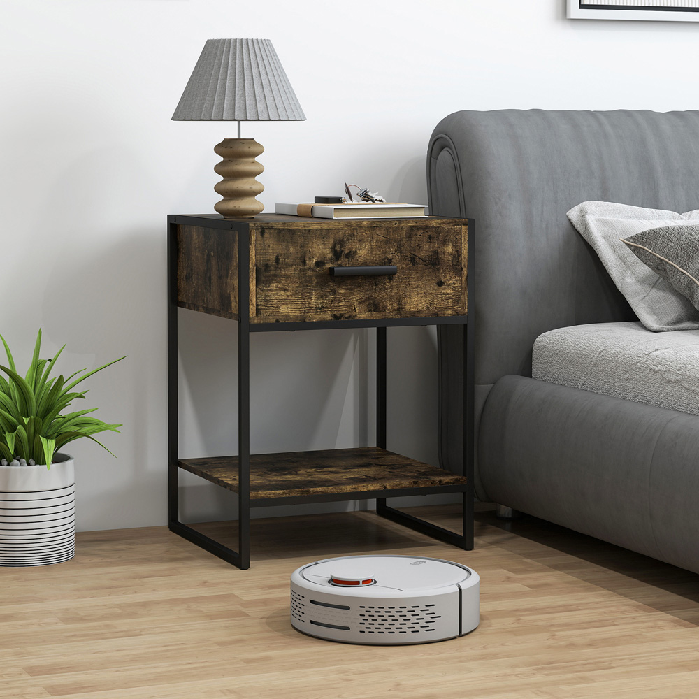 HOMCOM Single Drawer Single Shelf Rustic Brown Modern Bedside Table Image 4