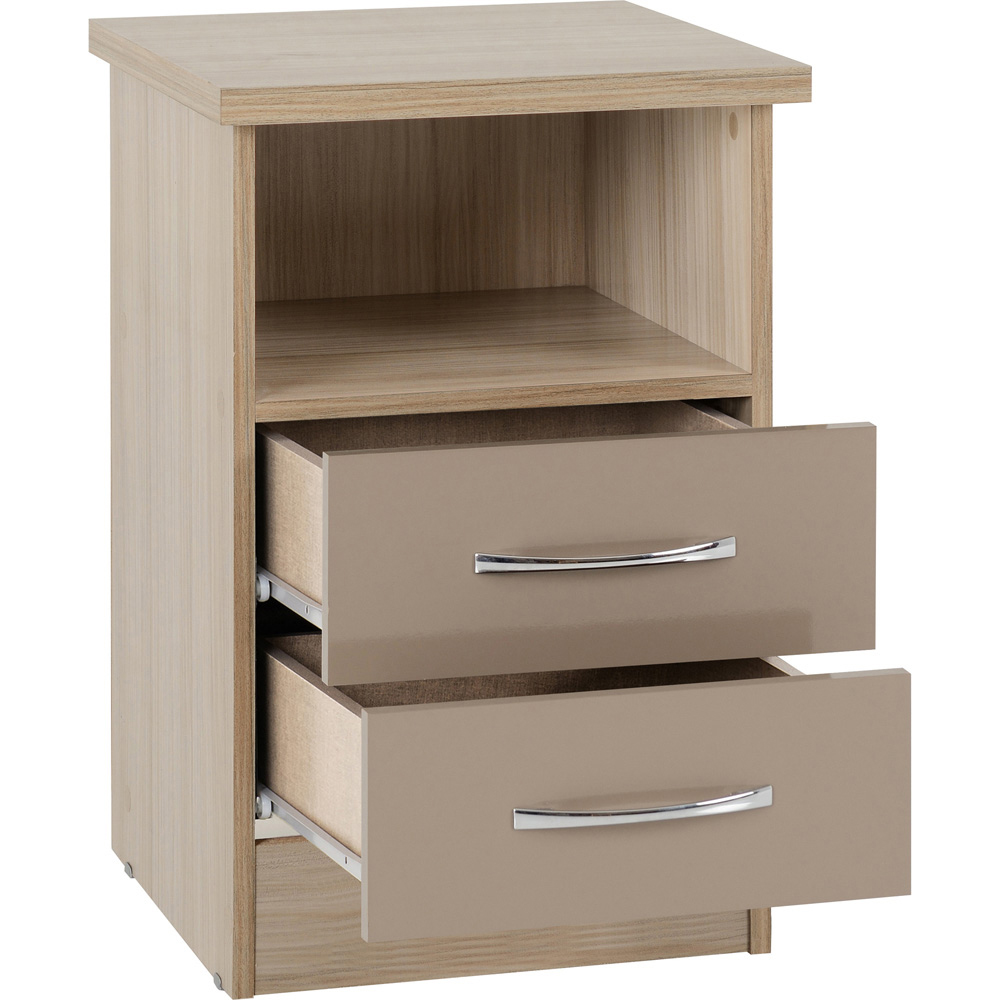 Seconique Nevada 2 Drawer Oyster Gloss and Light Oak Effect Veneer Bedside Table Image 3