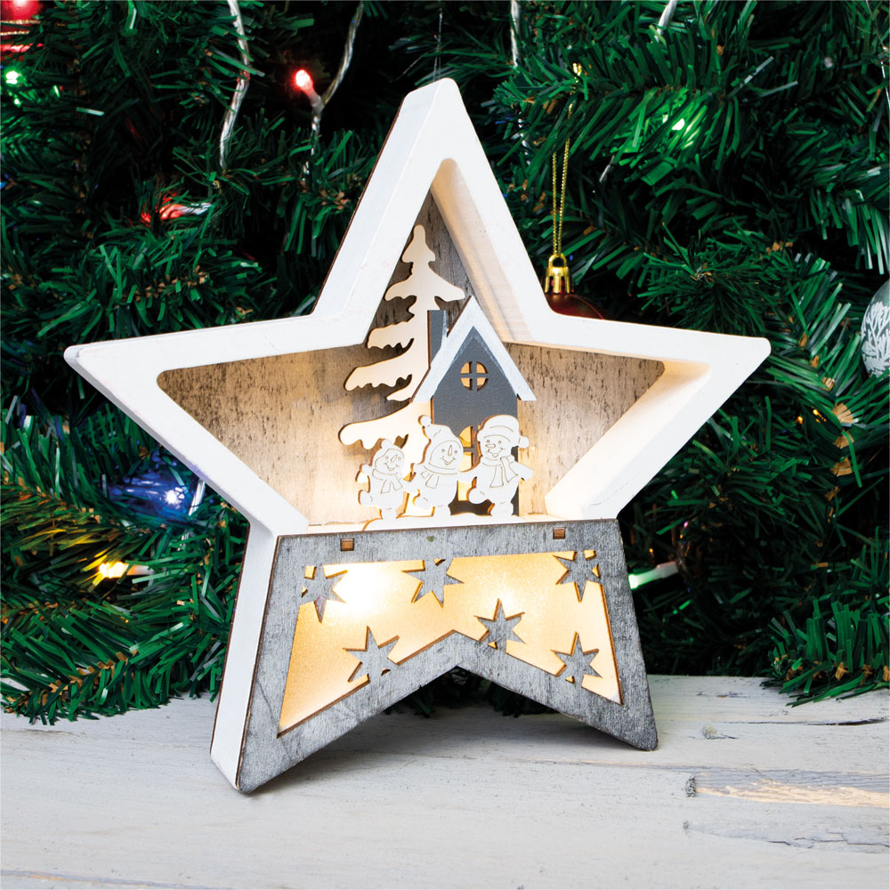 Xmas Haus White and Grey LED Christmas Wooden Star Decoration Image 2