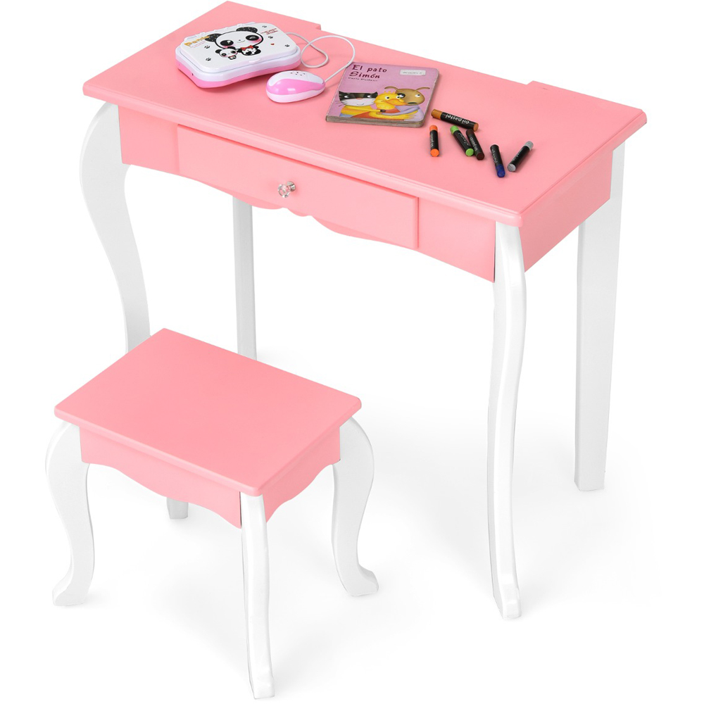 Costway Kids Pink Vanity Table and Chair Set with Rotatable Mirror Image 4