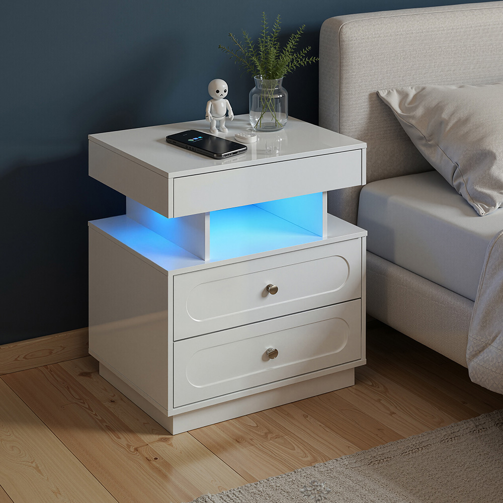 Living and Home 3 Drawer Single Shelf White Bedside Table with RGB LED Light Image 8