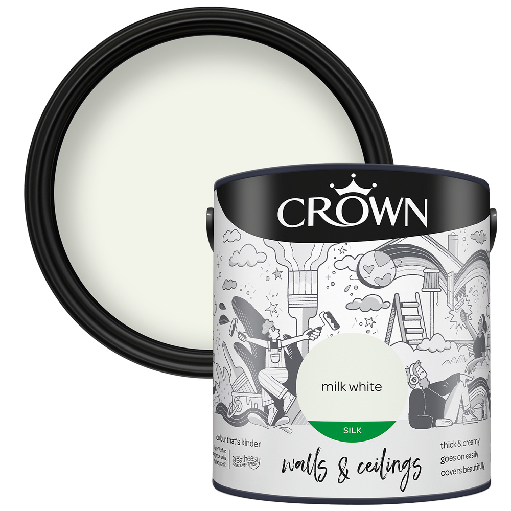 Crown Walls & Ceilings Milk White Silk Emulsion Paint 2.5L Image 1