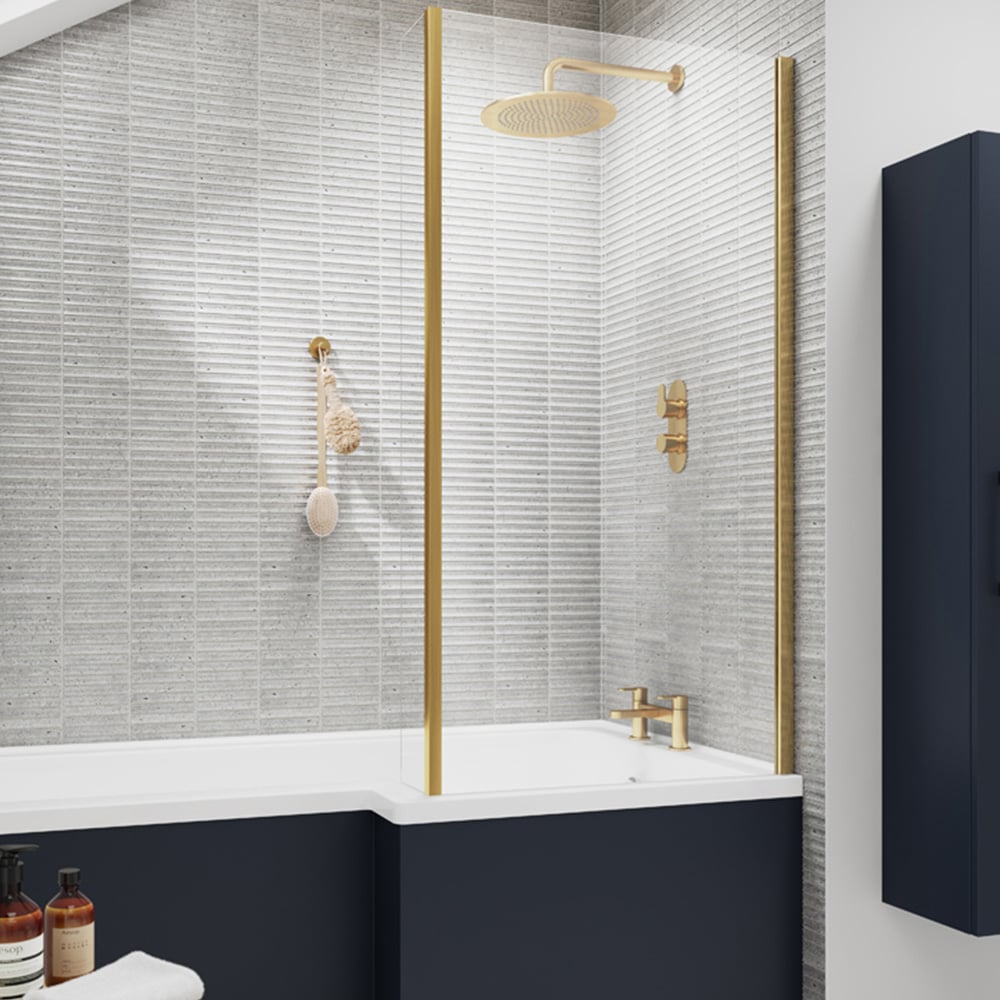 nuie Brushed Brass Square Shower Bath Screen with Fixed Return 6mm Image 2