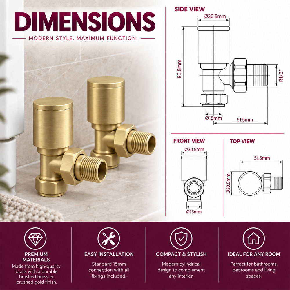 Go Bathrooms Gold Straight Radiator Valve Set 15mm Image 5
