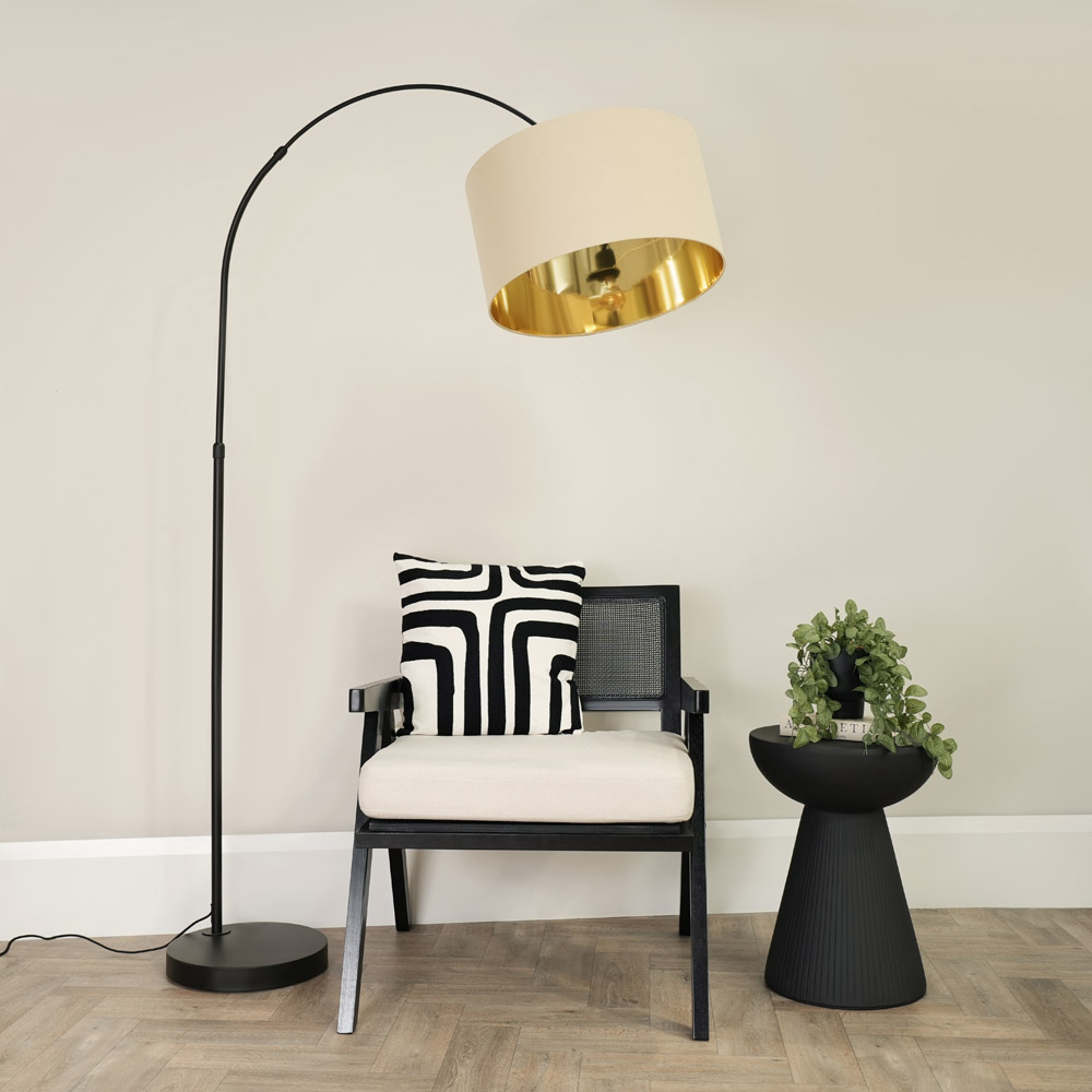 ValueLights Louis Beige and Gold Shade Black Curved LED Floor Lamp Image 3