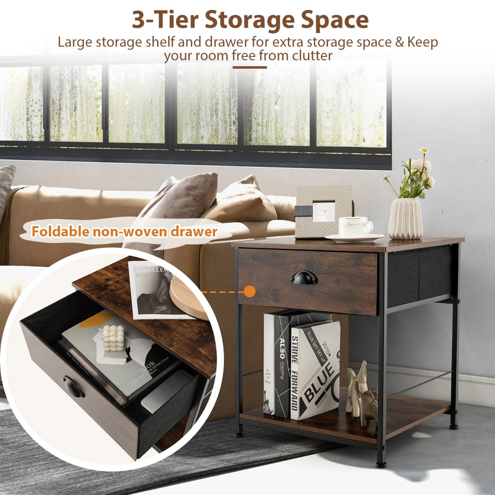 Costway Single Drawer Single Shelf Brown Bedside Table Image 8