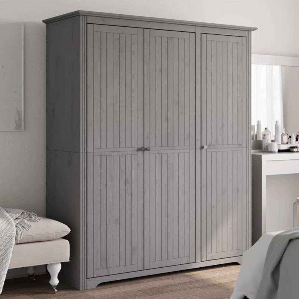 vidaXL Bodo 3 Door Grey Solid Wood Pine Wardrobe Image 1