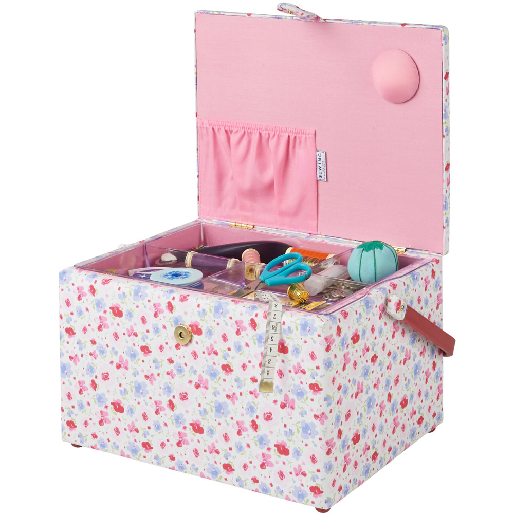 Sewing Online Pink and White Floral Large Sewing Basket with Carry Handle Image 4