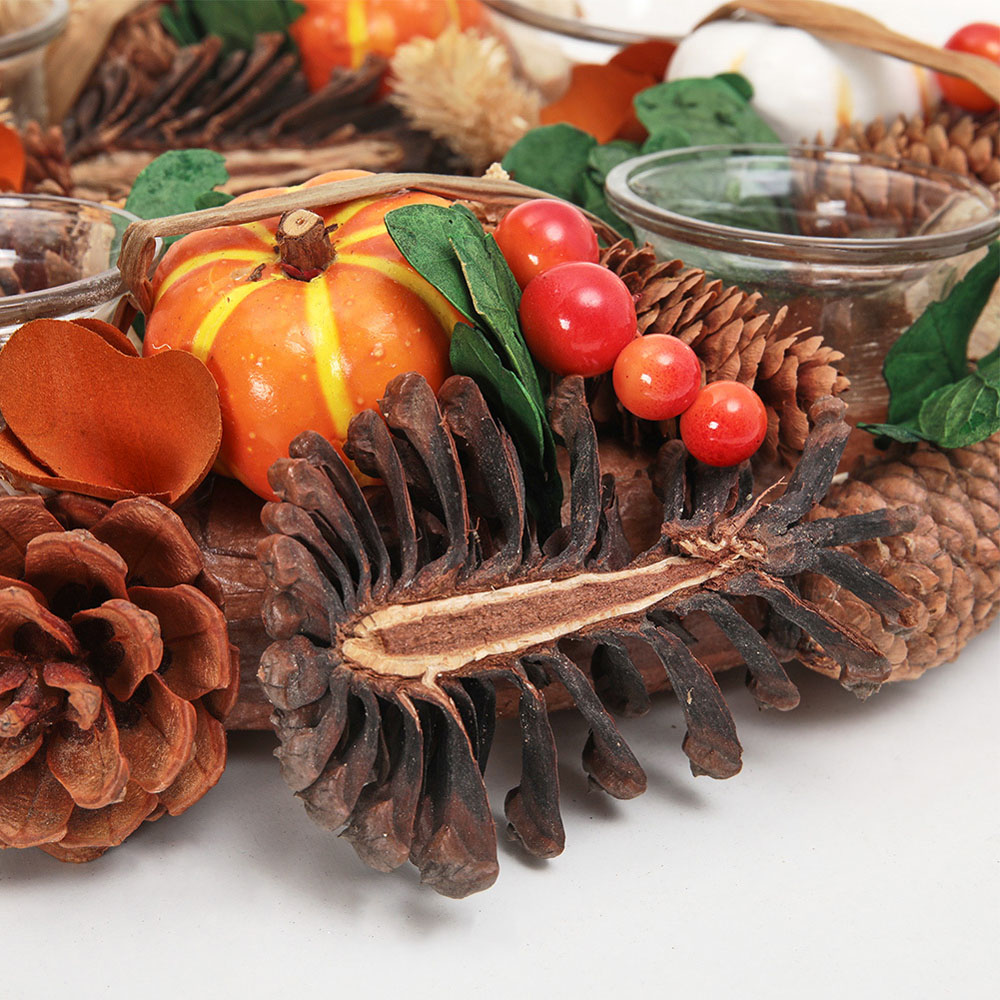 Living and Home Wreath Candle Holder with Maple Cone Berries and Pumpkins 30cm Image 7