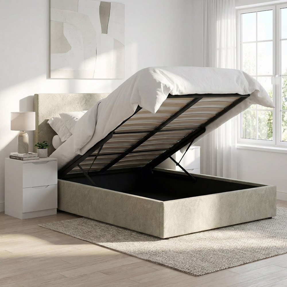 FWStyle Rufford Small Double Beige Sand Front Lift Ottoman Bed Frame with Padded Headboard Image 2