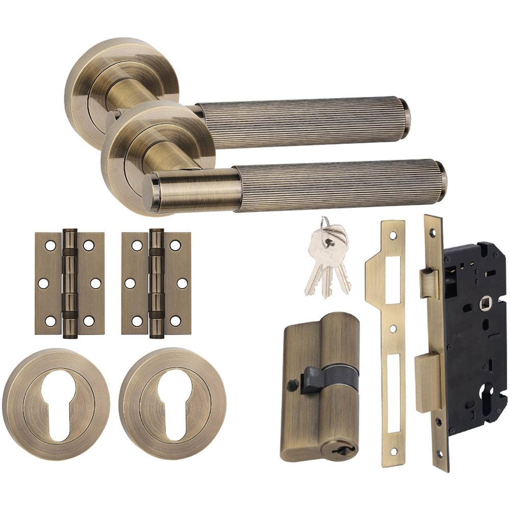 Golden Grace Antique Brass Straight T-Bar Linear Euro Lock Door Handle Set 70mm Image 1