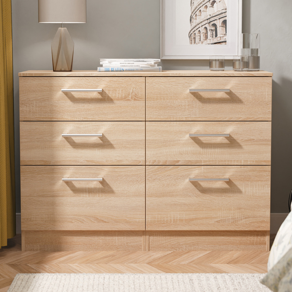 Crowndale Devon 6 Drawer Bardolino Oak Wide Chest of Drawers Ready Assembled Image 1