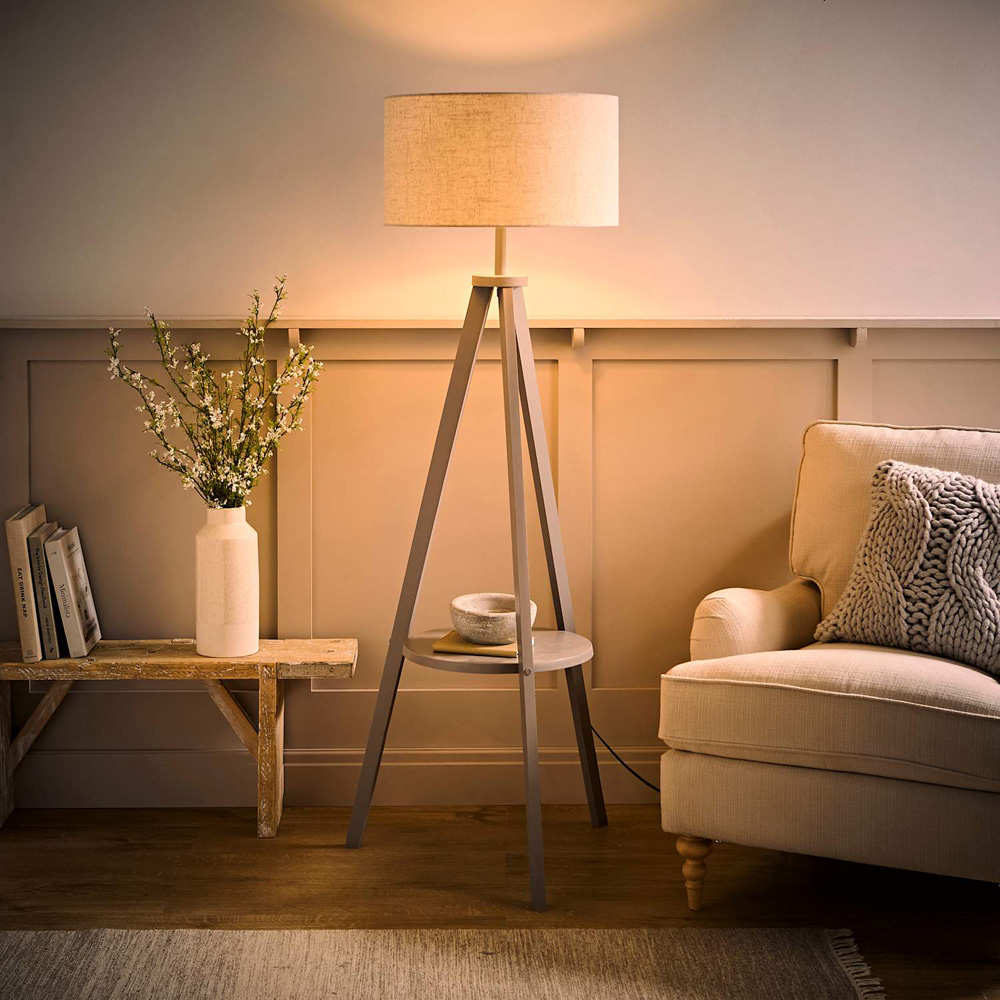 ValueLights Morrigan Grey Wood Tripod Floor Lamp with Linen Fabric Shade and Bulb Image 2