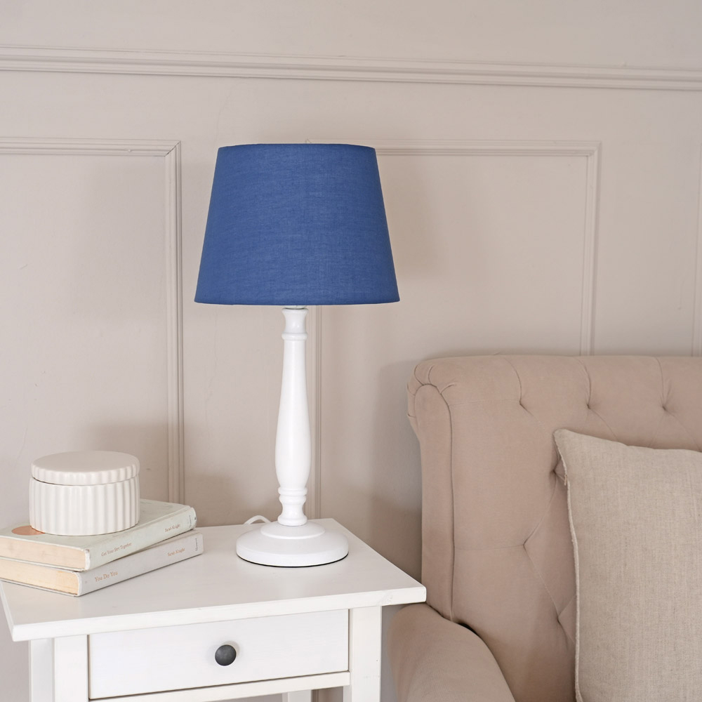 ValueLights Victoria Navy Blue Fabric Tapered Shade White Wood Traditional Stem LED Table Lamp Image 3