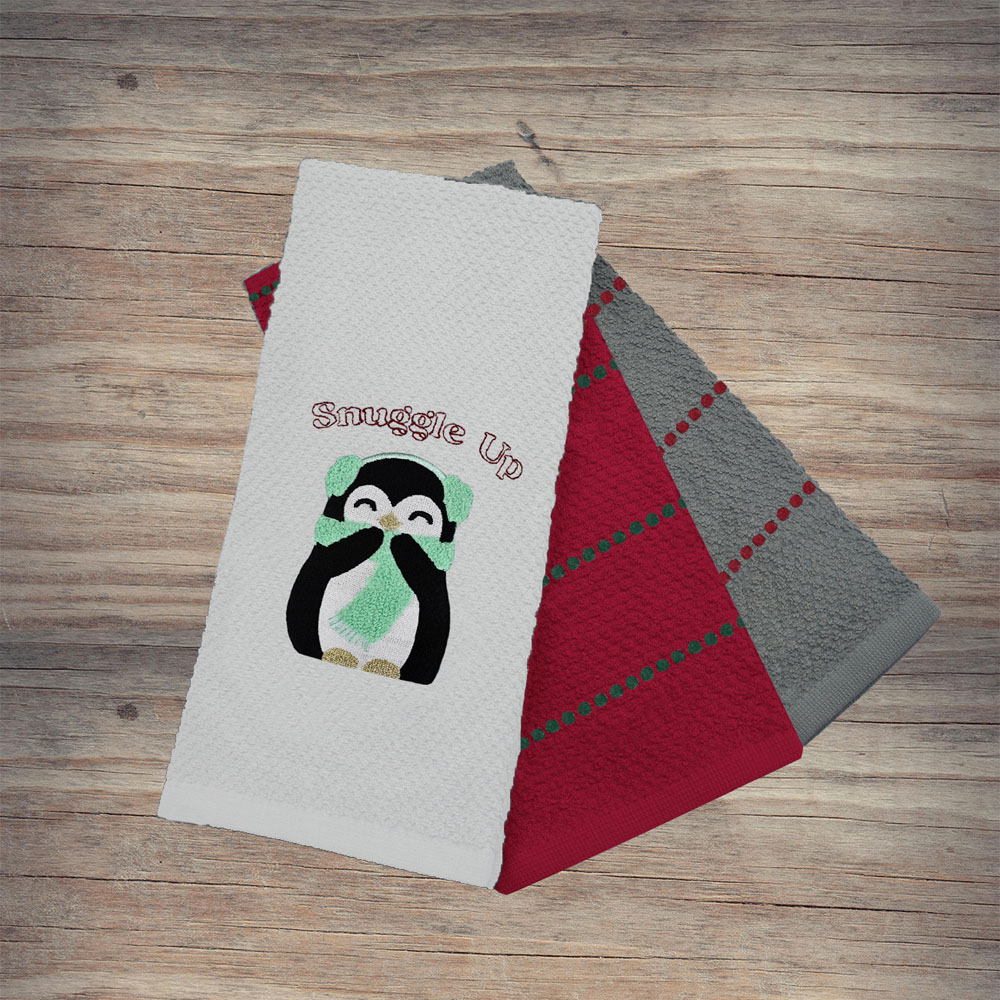 Noel Square Penguins Snuggle White Tea Towel 3 Pack Image 2