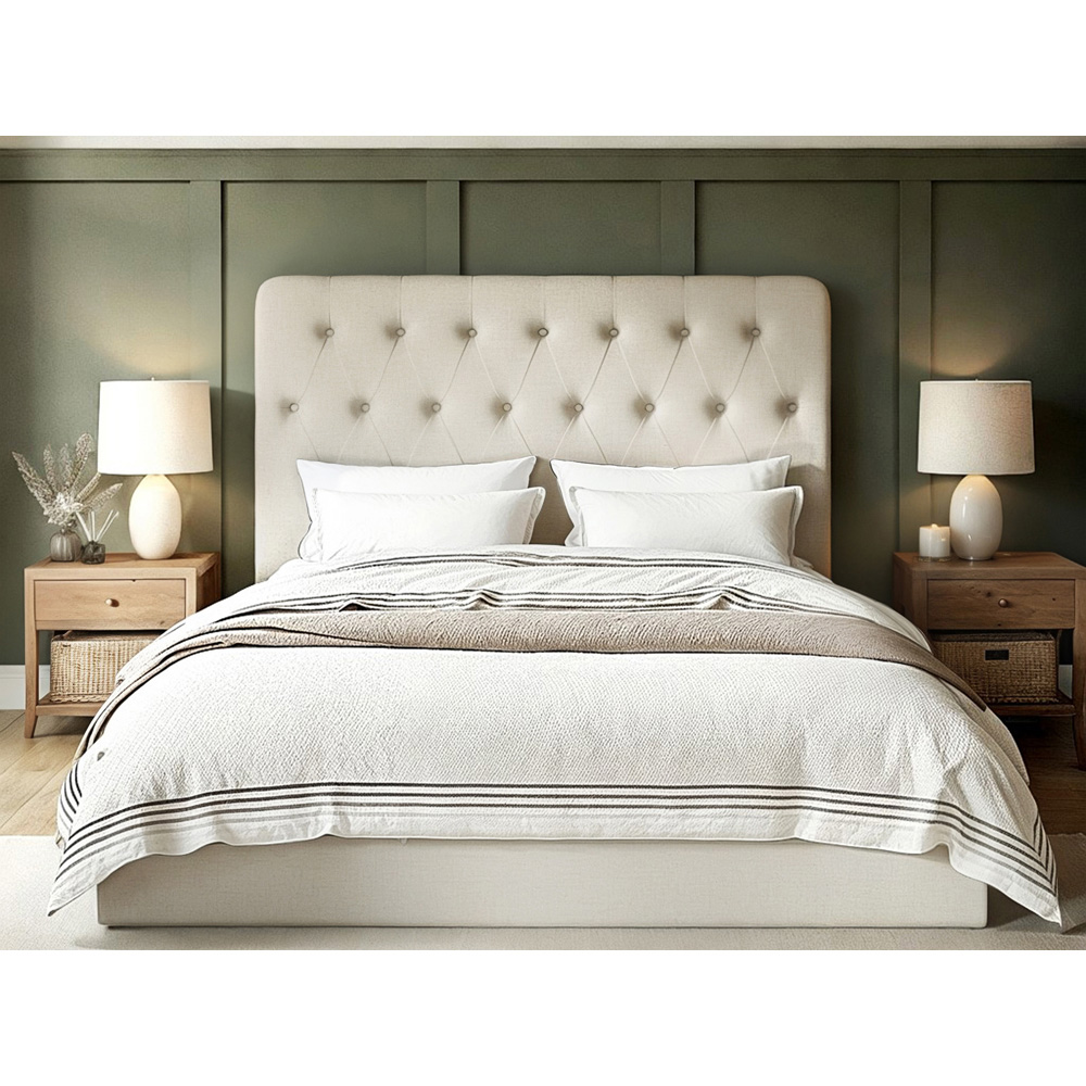 Flair Marley King Size Beige Woven Fabric Ottoman Bed with Buttoned Headboard Image 4