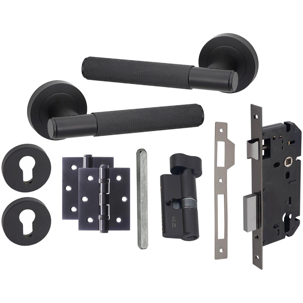 Golden Grace Knurled T-Bar Matt Black Door Handles Euro Lock and Thumbturn Key Set Image 1
