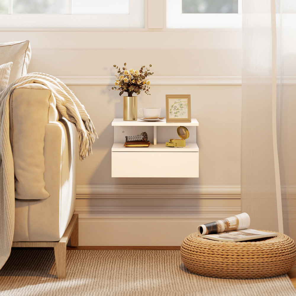 Portland Single Drawer Single Shelf White Floating Nightstand Set of 2 Image 3