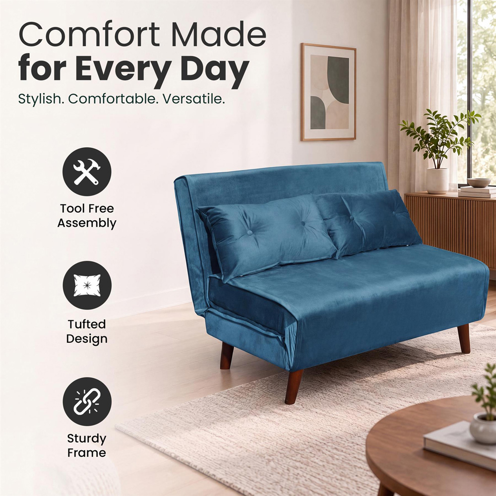 Portland 2 Seater Blue Velvet Sofa Bed Image 7