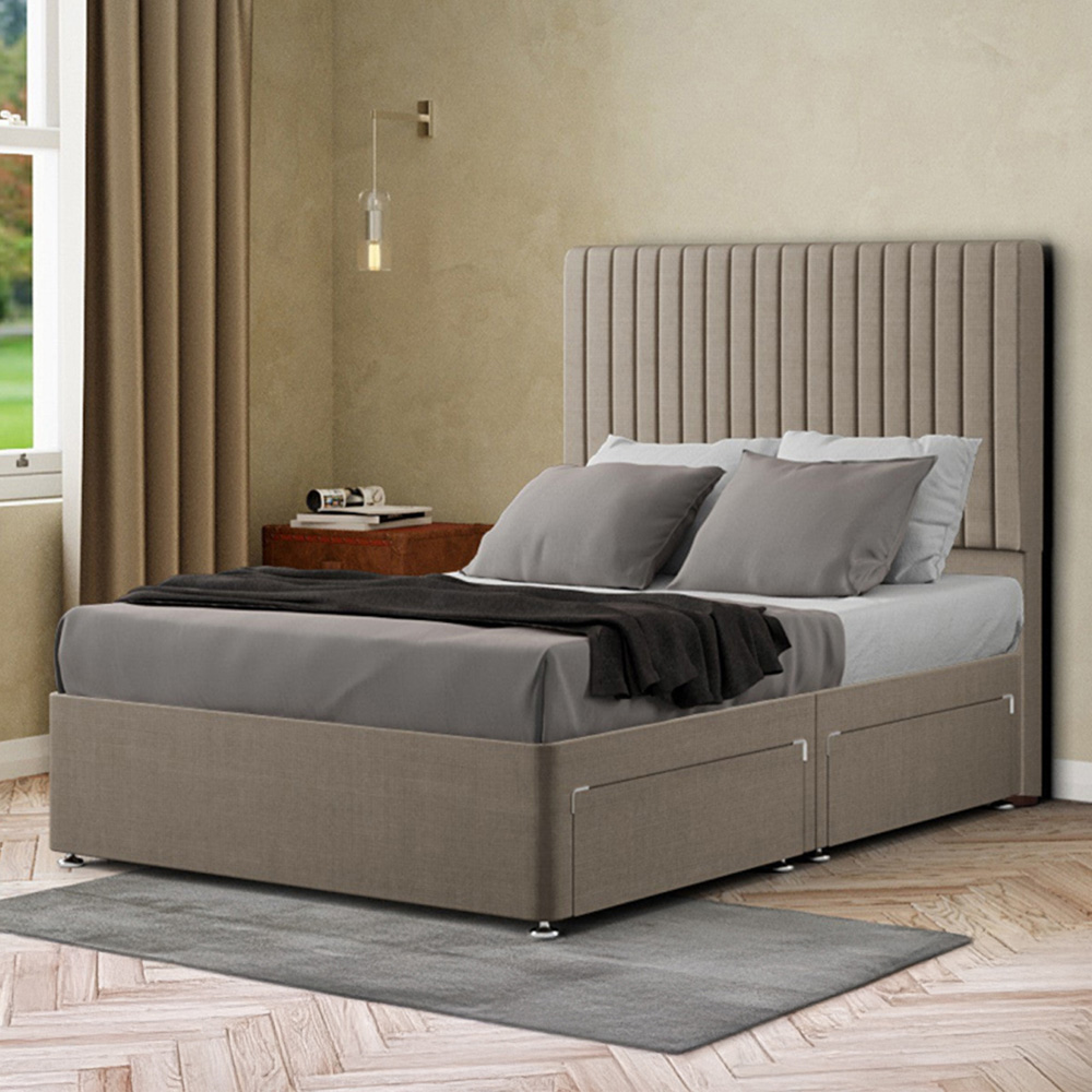 Portland Maryland King Size Beige Linen Divan Bed with 2 Drawer and Headboard Image 1
