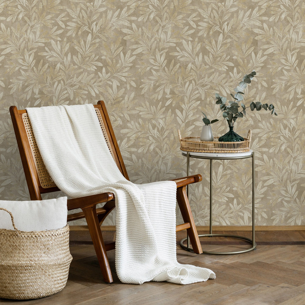 Grandeco Distressed Leaf Willow Trail Textured Taupe Wallpaper Image 2