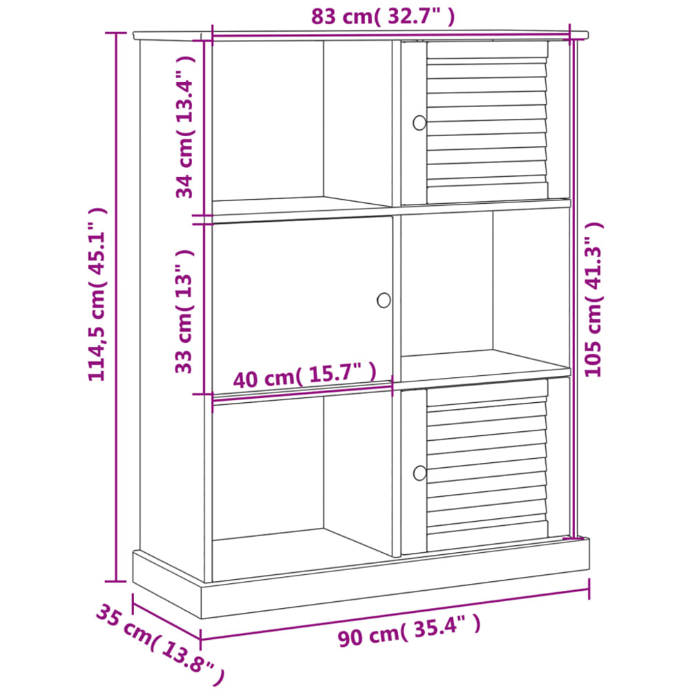 vidaXL 3 Door 3 Shelf Grey Pine Wood Bookcase Image 9