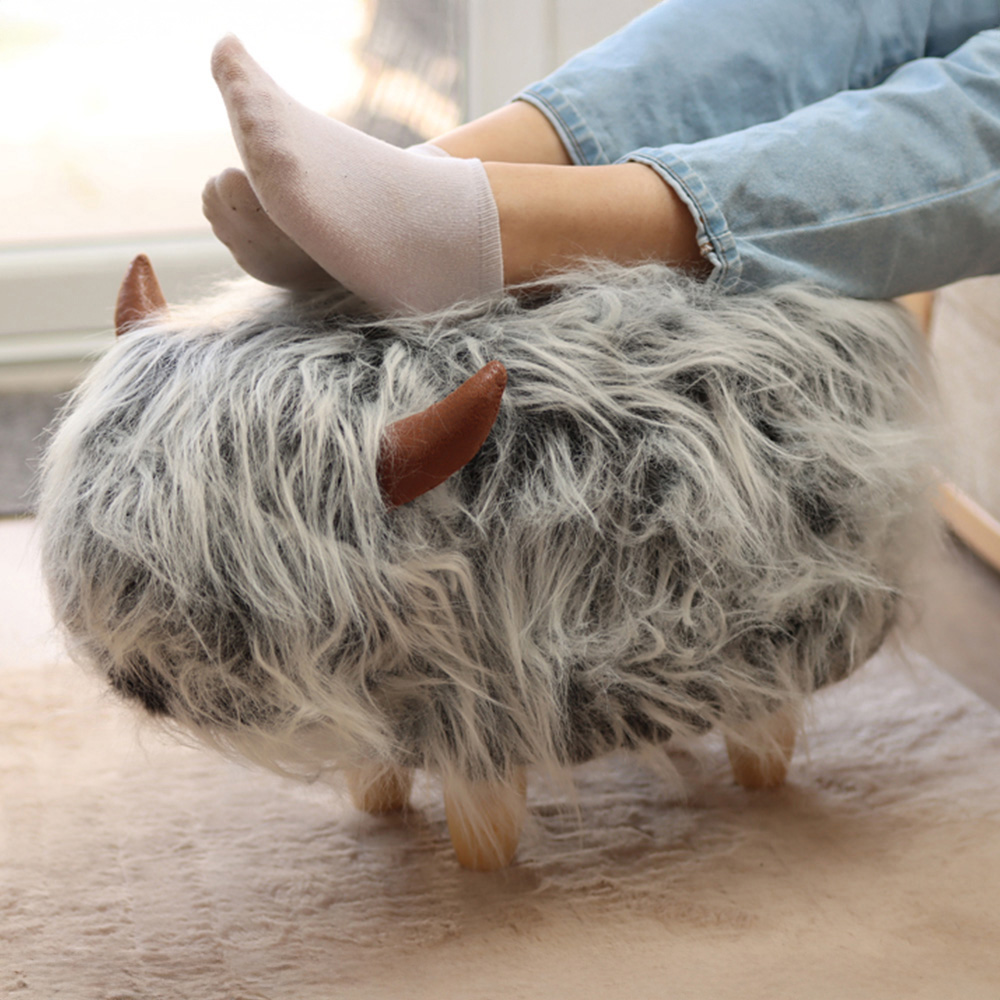 Gardeco Kaytie The Highland Cow Mottled Grey Synthetic Fur Footstool Image 1