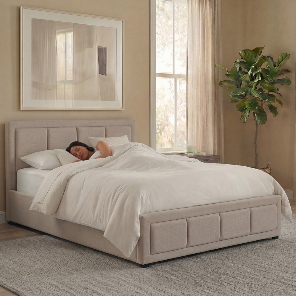 VIDA DESIGNS Vanita Single Beige Linen Ottoman Bed with Padded Headboard Image 4