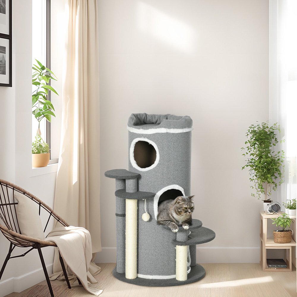 PawHut Barrel-Shaped Grey Indoor Cat Tree with Sisal Scratching Posts Image 2