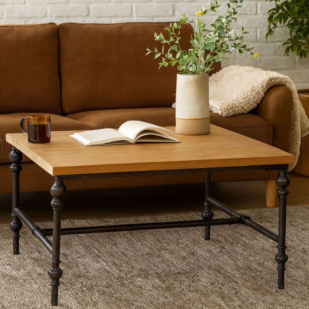 Premier Housewares Industrial-Style Square Coffee Table with Wooden Tabletop Image 3