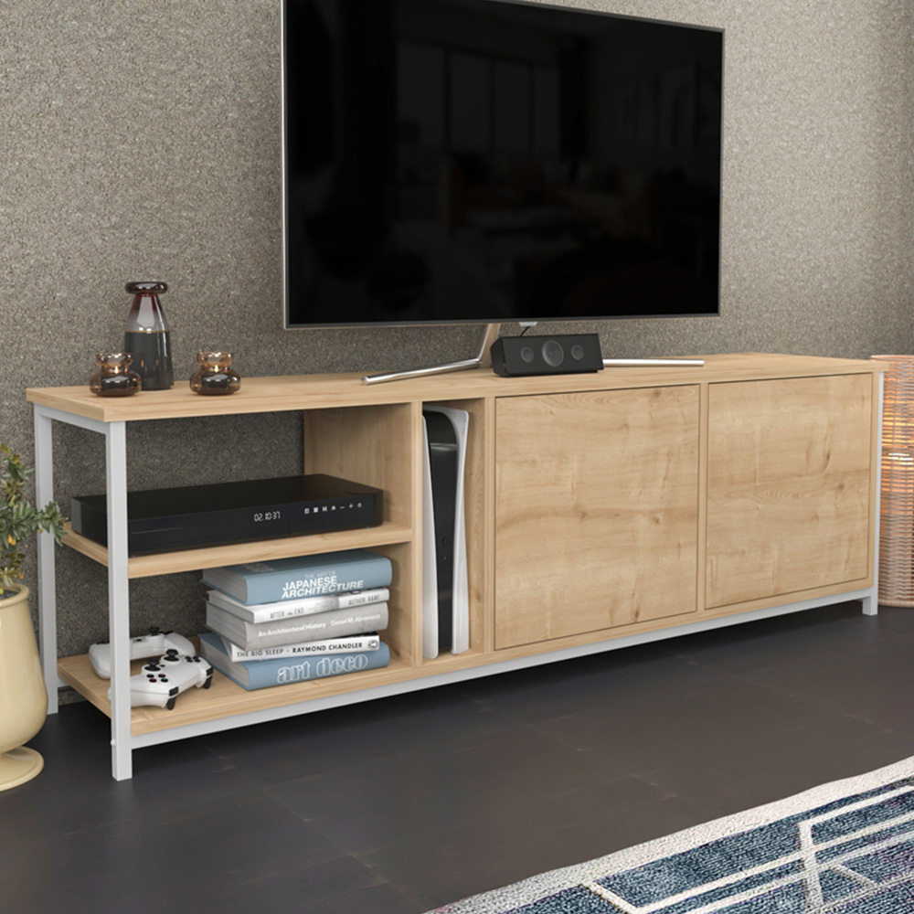 Decorotika Primrose 2 Door 3 Shelf White and Oak TV Stand for 72 inch TV Image 1