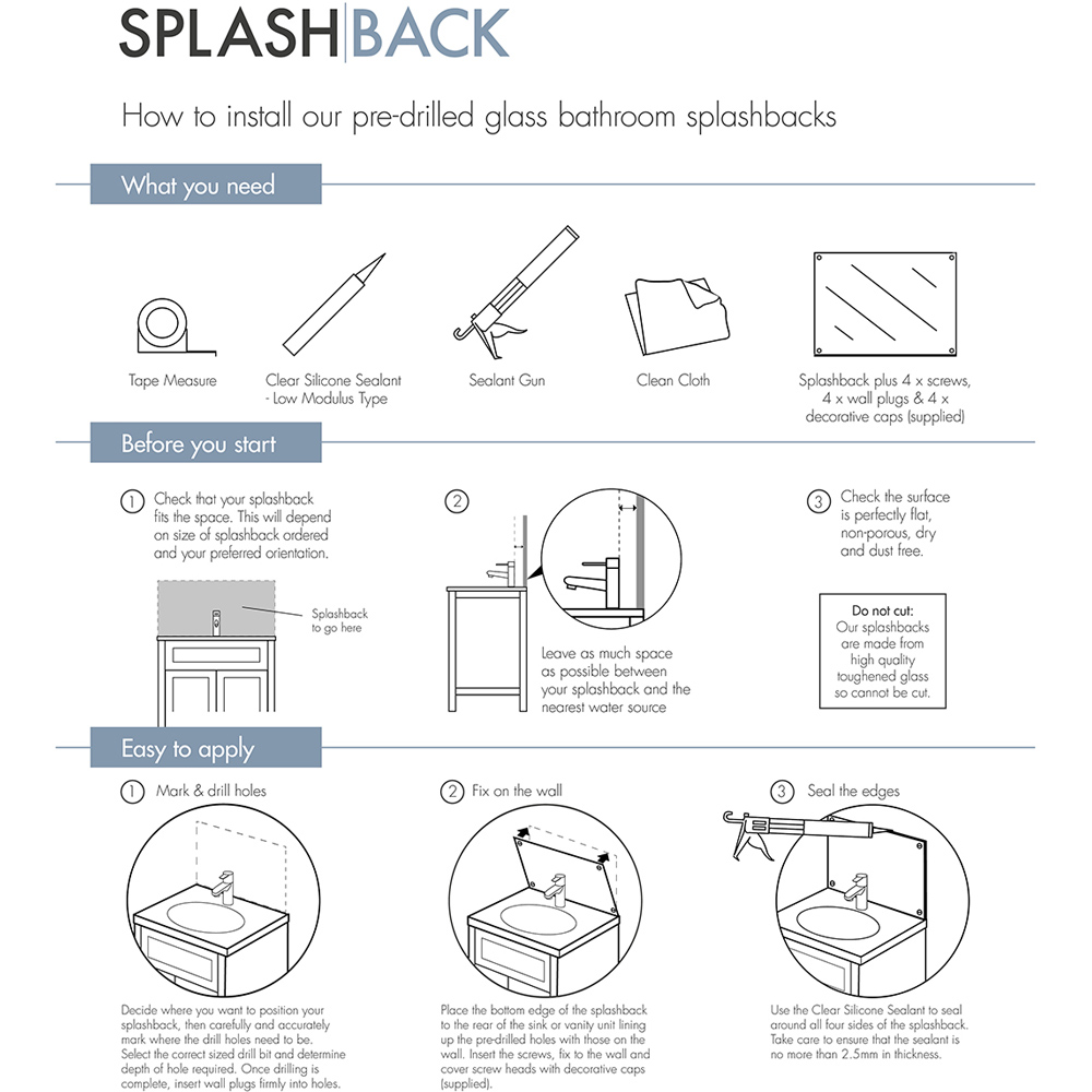 Splashback 0.4cm Thick Charcoal Bathroom Glass with Matt Black Caps 25 x 60cm Image 5