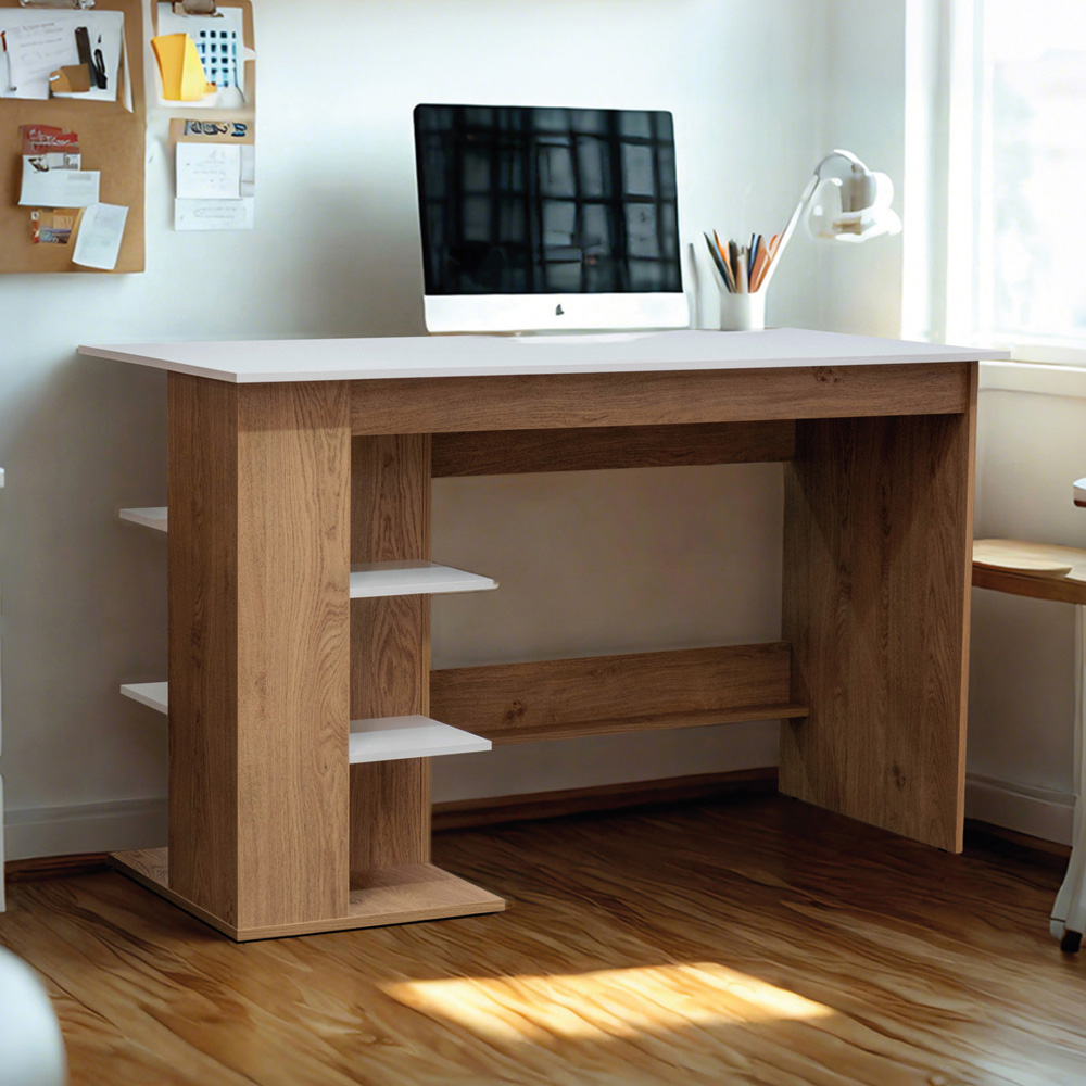 TTAP Milan Oak Effect and White Top 3 Shelf Office Computer Desk Image 6