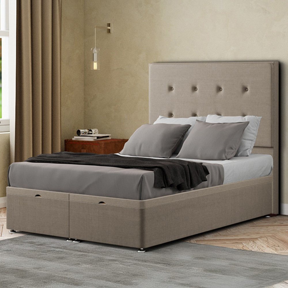 Eleganza Darlington Double Beige Linen Ottoman Bed with Floor Standing Headboard Image 1