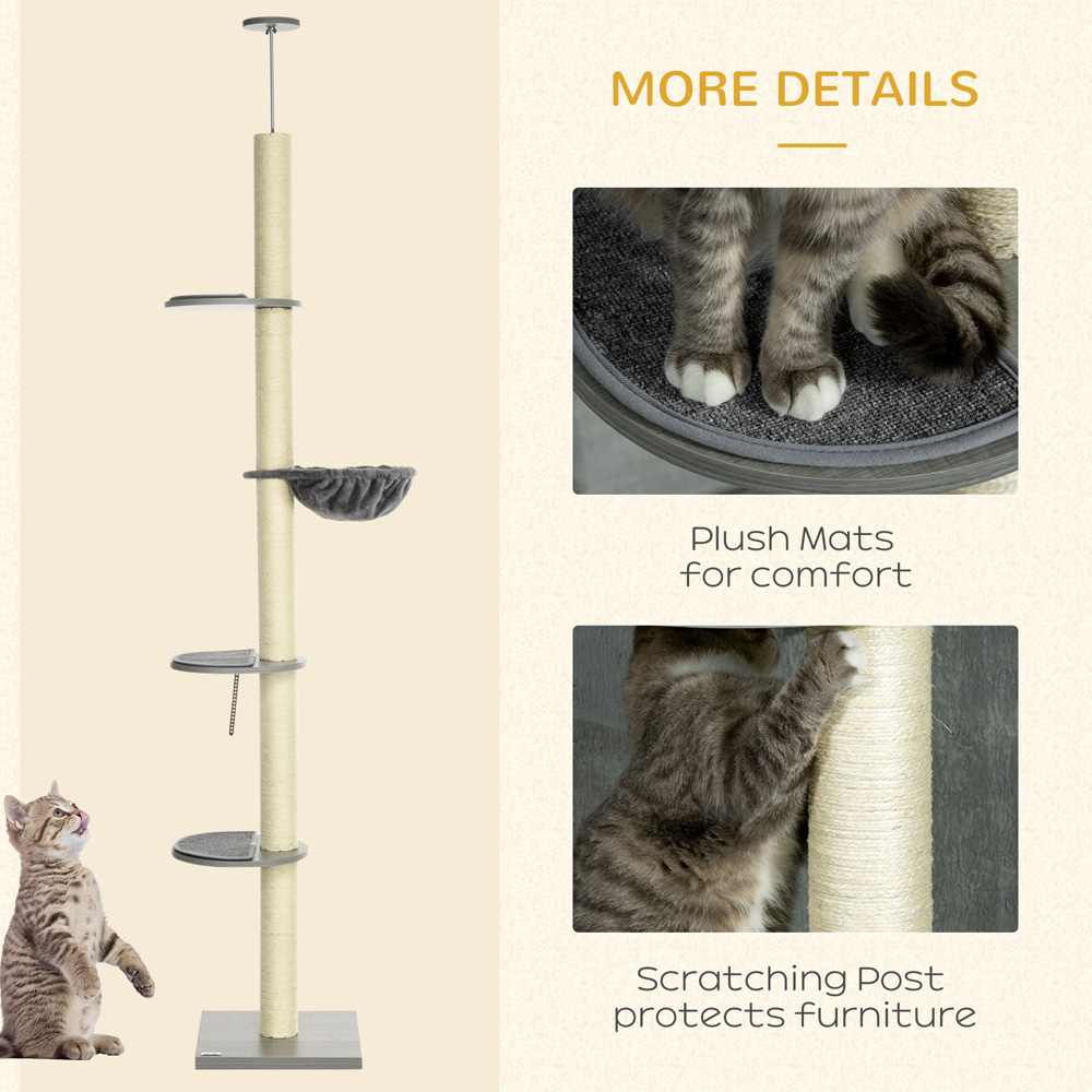PawHut 250cm Floor to Ceiling Cat Tree with Hammock and Scratching Post Image 6