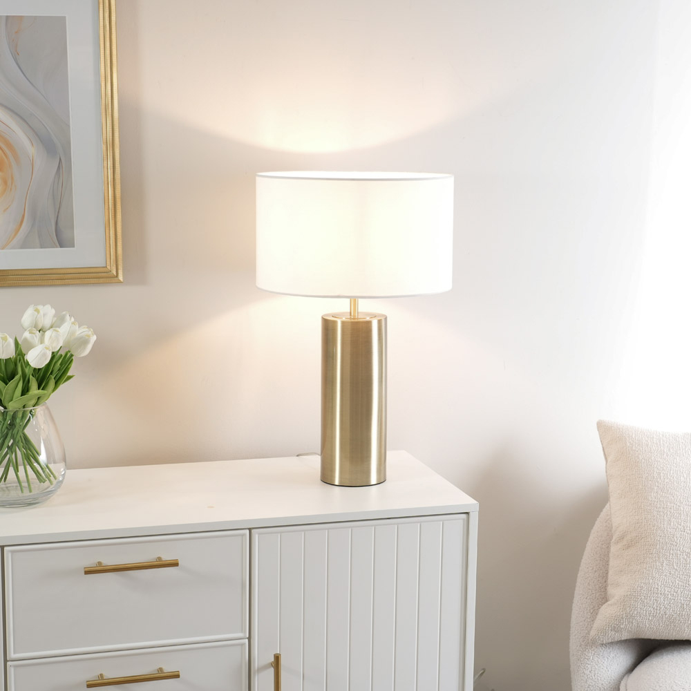 ValueLights Lexy Reni White Drum Shade Antique Brass Dimmable LED Touch Table Lamp Image 2
