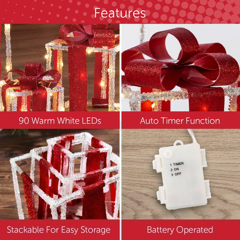 The Christmas Workshop 90 Warm White LED Acrylic Red Gift Box Decoration Set of 3 Image 8