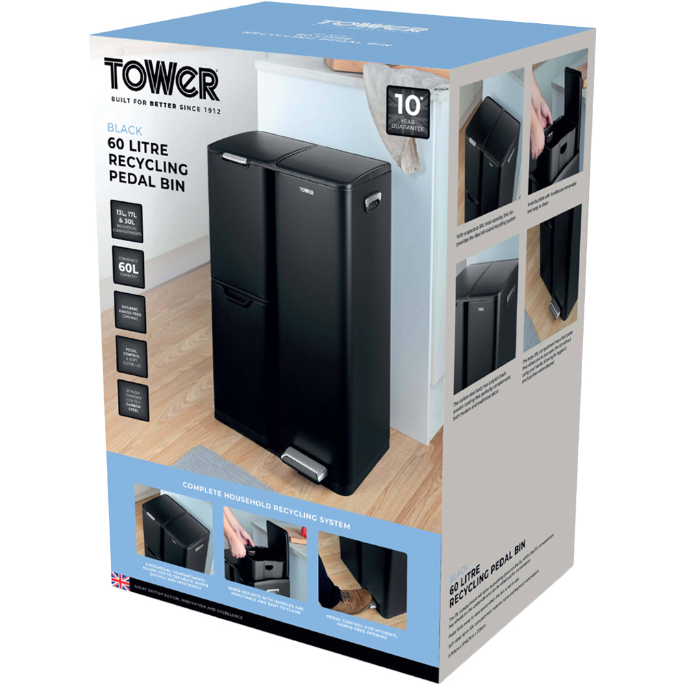 Tower Triple Recycling Black Pedal Bin 60L Image 2